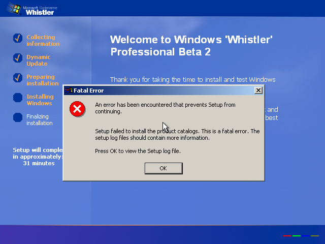 Ошибка Windows XP. Фатальная ошибка виндовс. Setup ошибка. Windows Whistler ошибка.