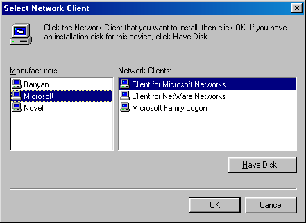 [GRAPHIC: Select Network Client dialog box]