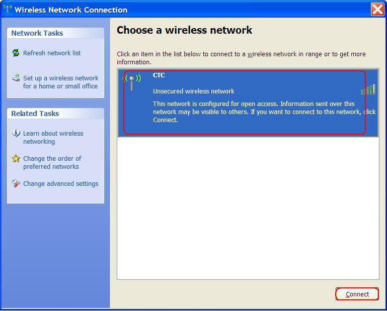 [GRAPHIC: Wireless Network Connection window ]