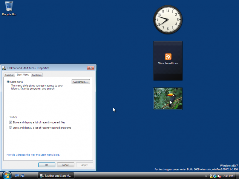 File:Windows 7 Build 6608 start menu properties.png